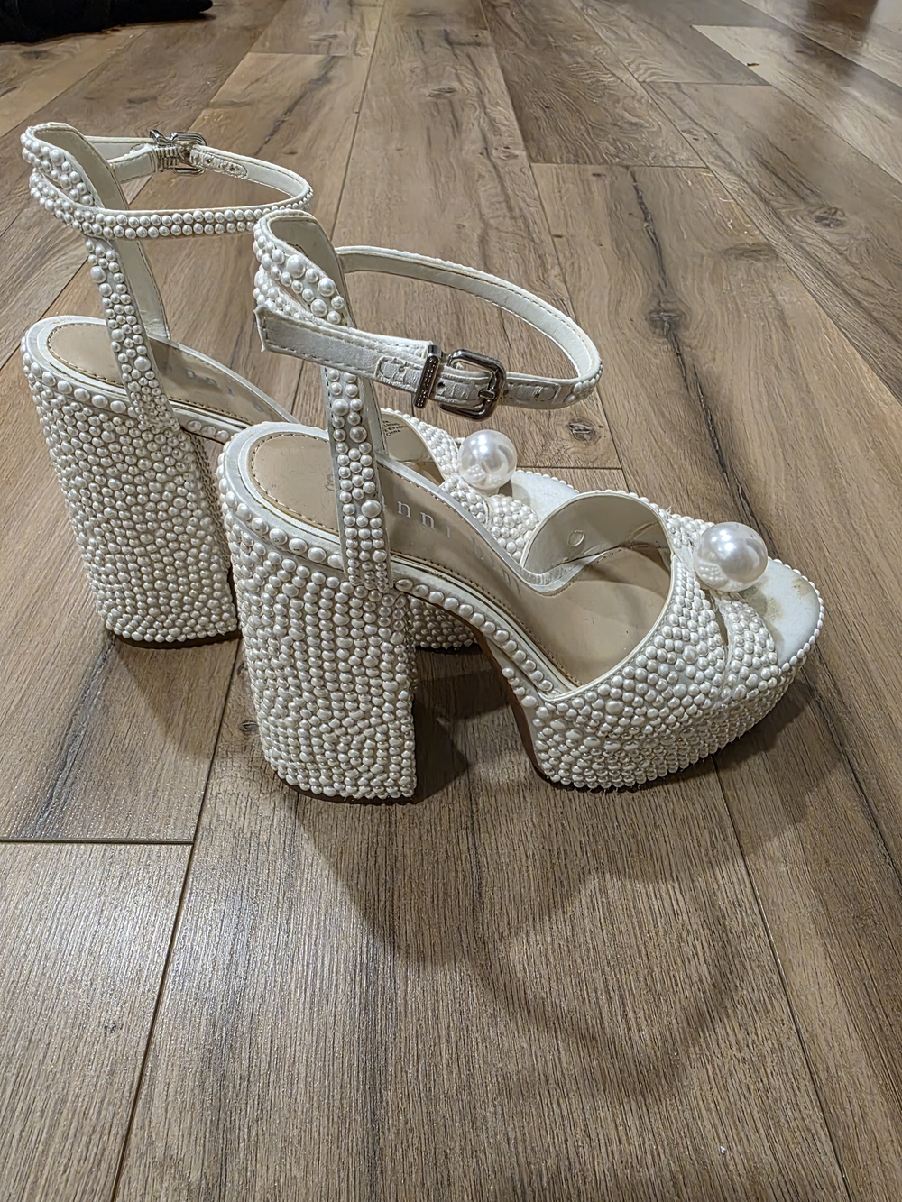 Pearl-Embellished Cream 5" Platform Sandals with Ankle Strap